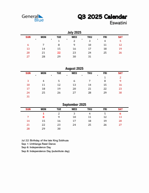 Eswatini Quarter 3  2025 calendar template
