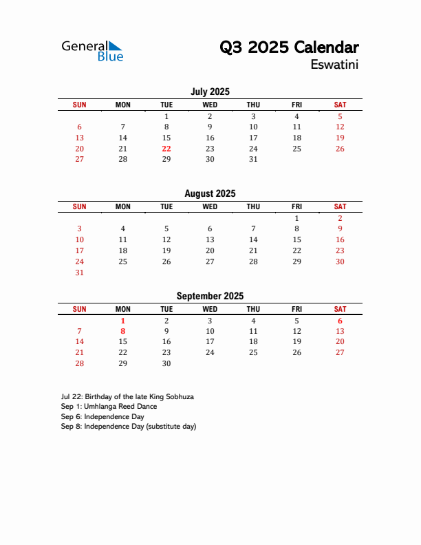 2025 Q3 Calendar with Holidays List for Eswatini