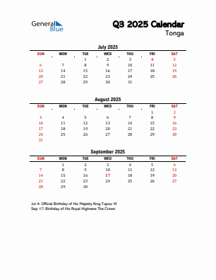 Tonga Quarter 3  2025 calendar template