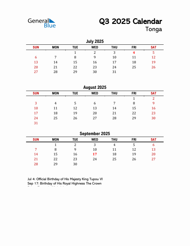 2025 Q3 Calendar with Holidays List for Tonga