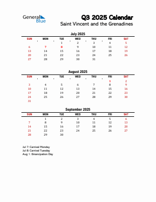 Saint Vincent and the Grenadines Quarter 3  2025 calendar template