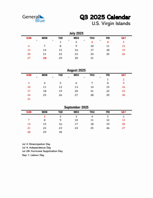 U.S. Virgin Islands Quarter 3  2025 calendar template
