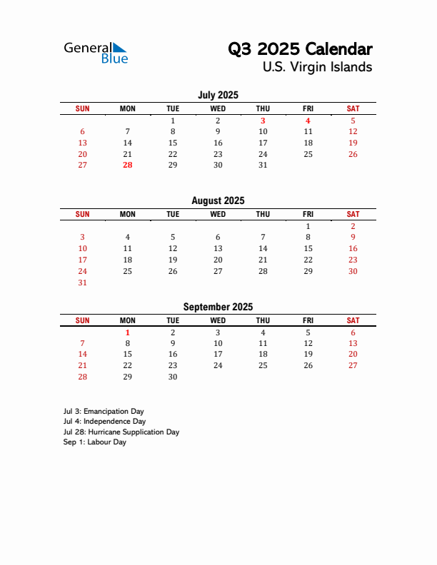 2025 Q3 Calendar with Holidays List for U.S. Virgin Islands