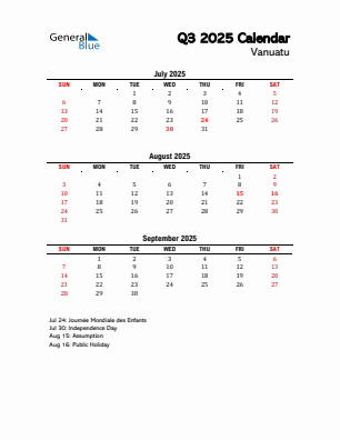Vanuatu Quarter 3  2025 calendar template