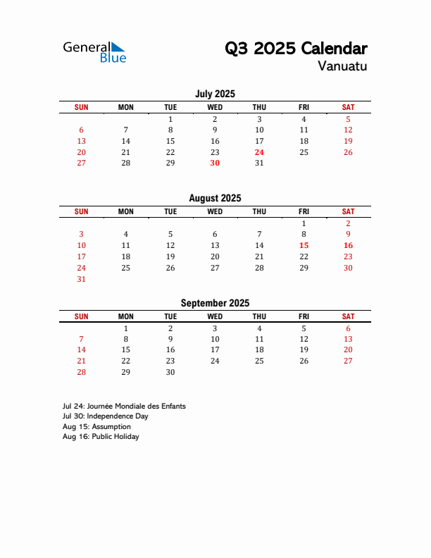 2025 Q3 Calendar with Holidays List for Vanuatu