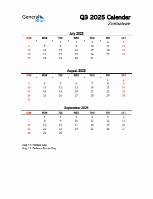 Zimbabwe Quarter 3  2025 calendar template