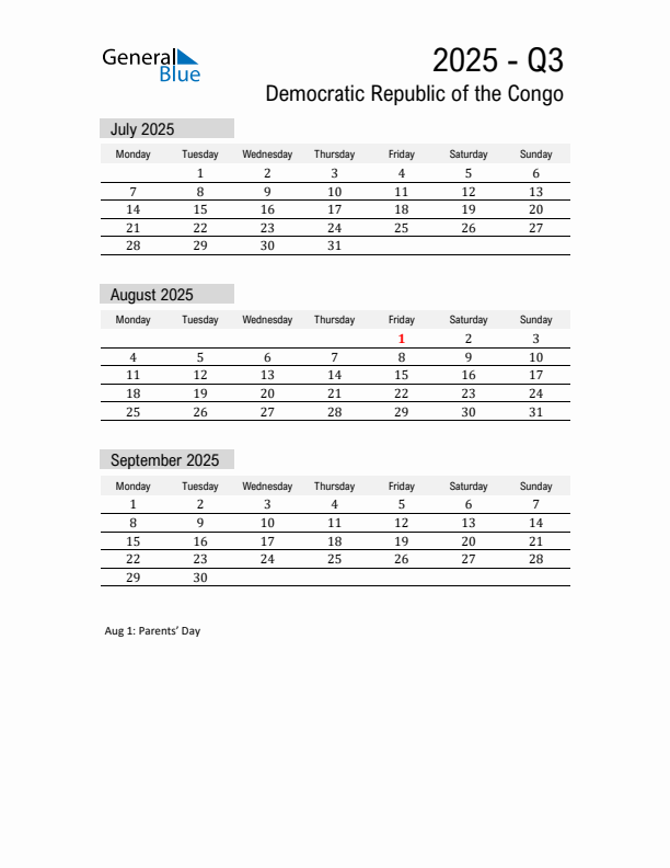 Democratic Republic of the Congo Quarter 3 2025 Calendar with Holidays