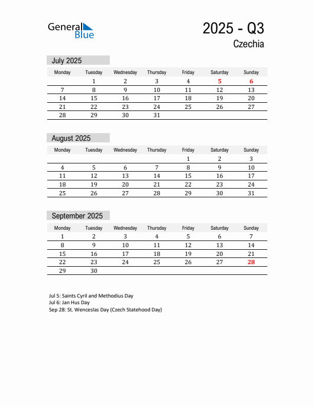 Czechia Quarter 3 2025 Calendar with Holidays