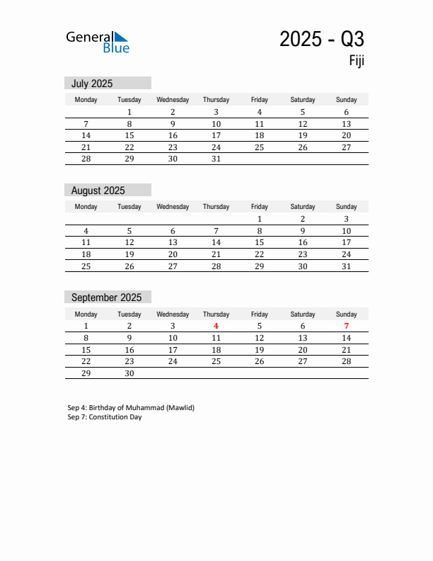 Fiji Quarter 3 2025 Calendar with Holidays
