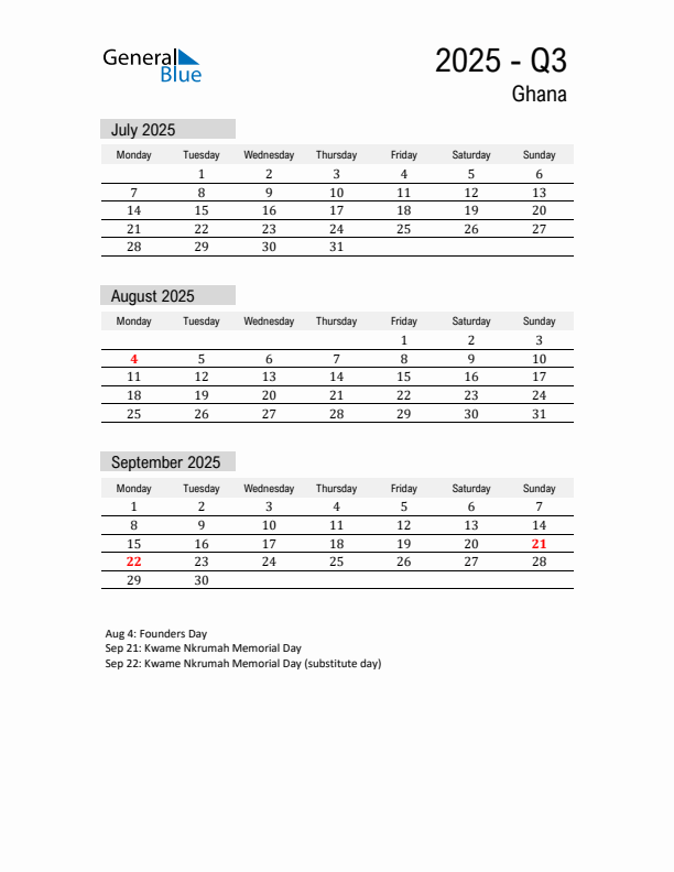 Ghana Quarter 3 2025 Calendar with Holidays