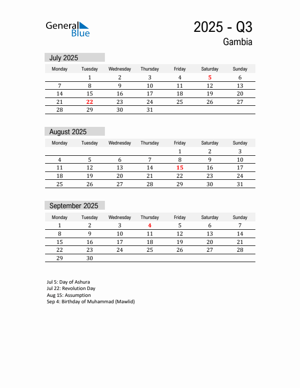 Gambia Quarter 3 2025 Calendar with Holidays