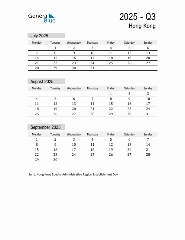 Hong Kong Quarter 3 2025 Calendar with Holidays