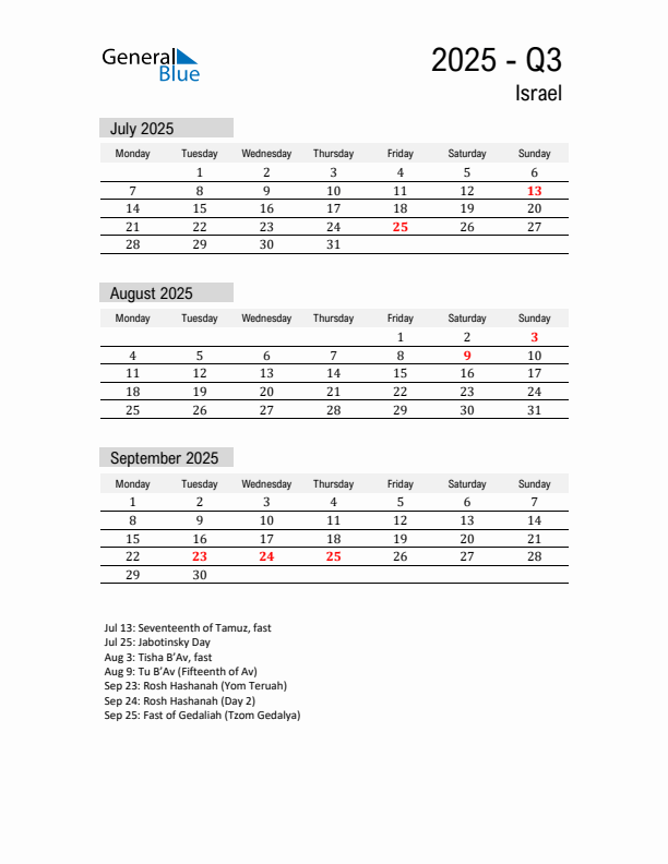 Israel Quarter 3 2025 Calendar with Holidays