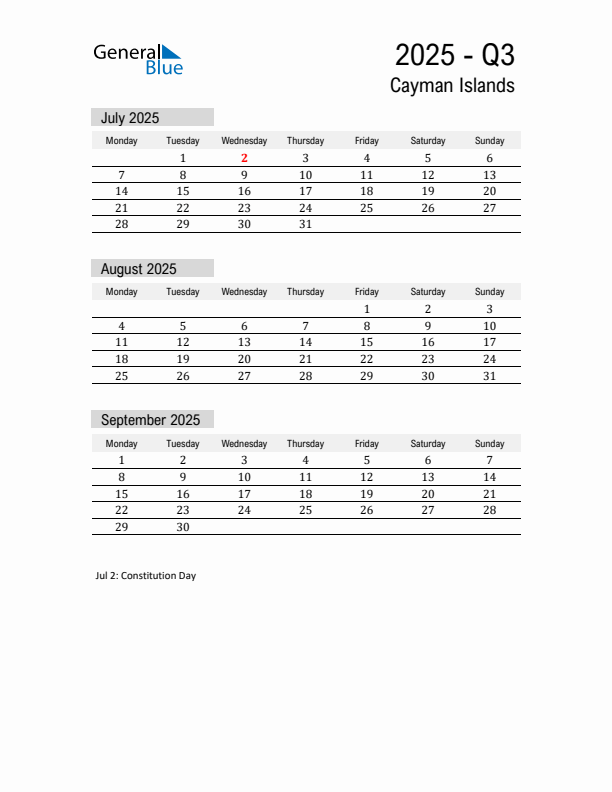 Cayman Islands Quarter 3 2025 Calendar with Holidays