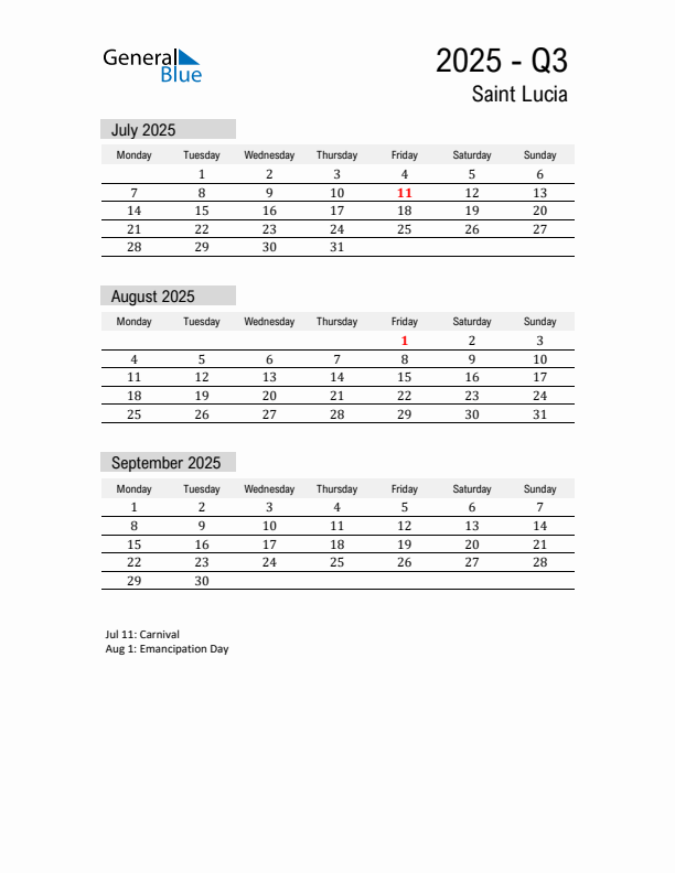 Saint Lucia Quarter 3 2025 Calendar with Holidays
