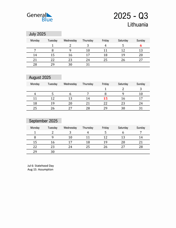 Lithuania Quarter 3 2025 Calendar with Holidays