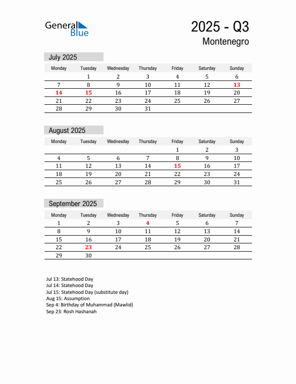 Montenegro Quarter 3 2025 Calendar with Holidays