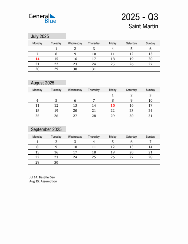 Saint Martin Quarter 3 2025 Calendar with Holidays