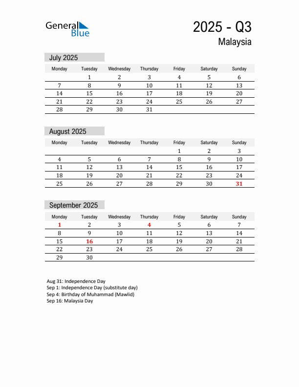 Malaysia Quarter 3 2025 Calendar with Holidays