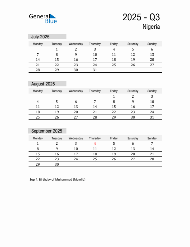 Nigeria Quarter 3 2025 Calendar with Holidays