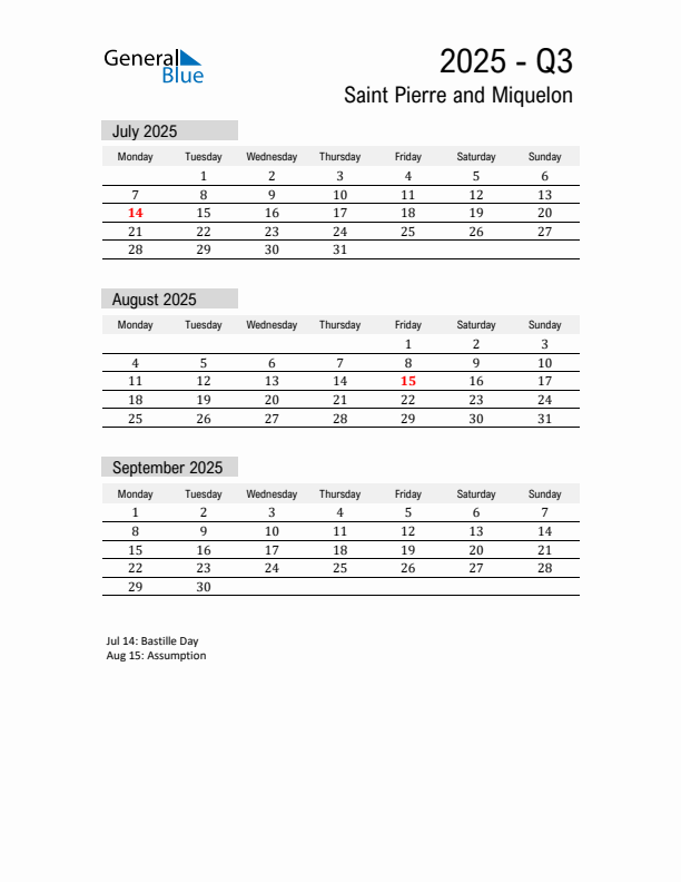 Saint Pierre and Miquelon Quarter 3 2025 Calendar with Holidays