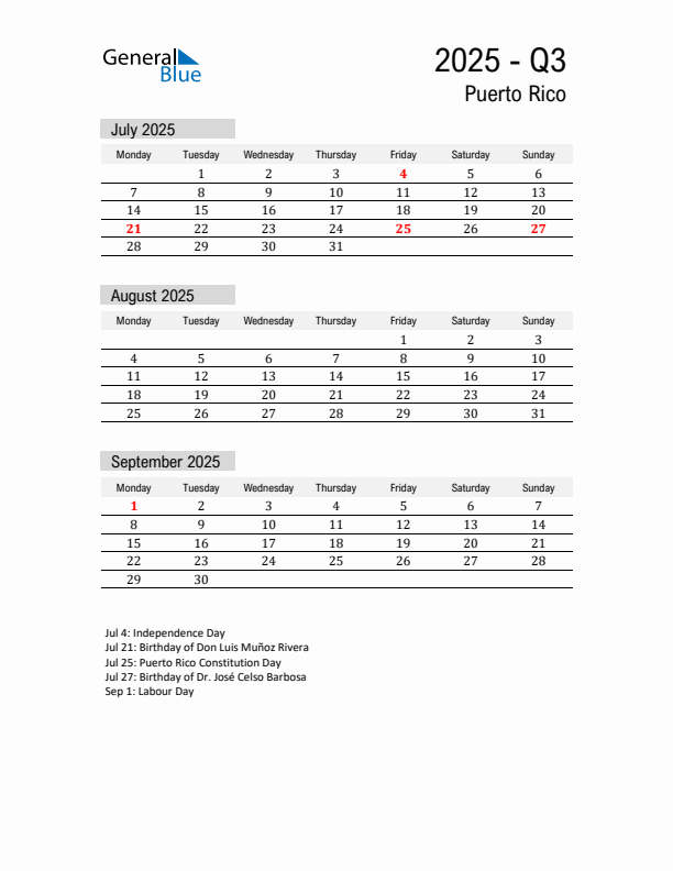 Puerto Rico Quarter 3 2025 Calendar with Holidays
