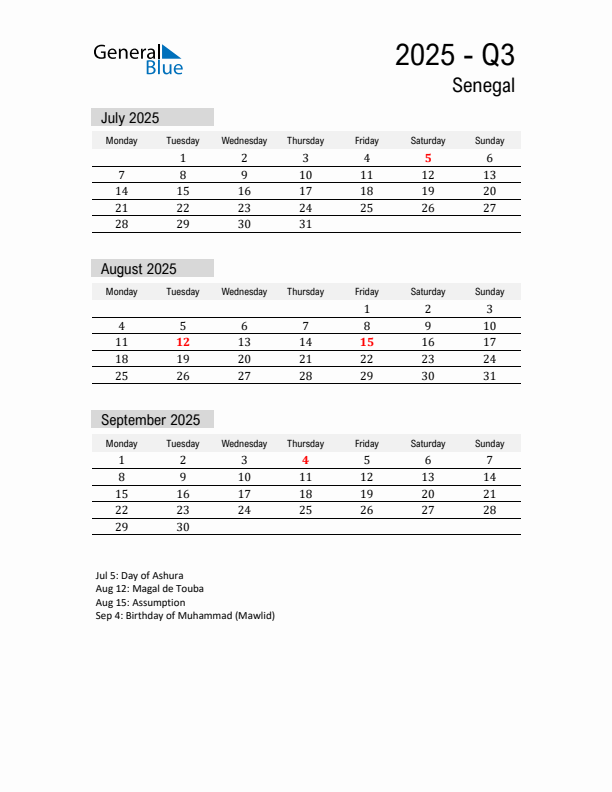 Senegal Quarter 3 2025 Calendar with Holidays