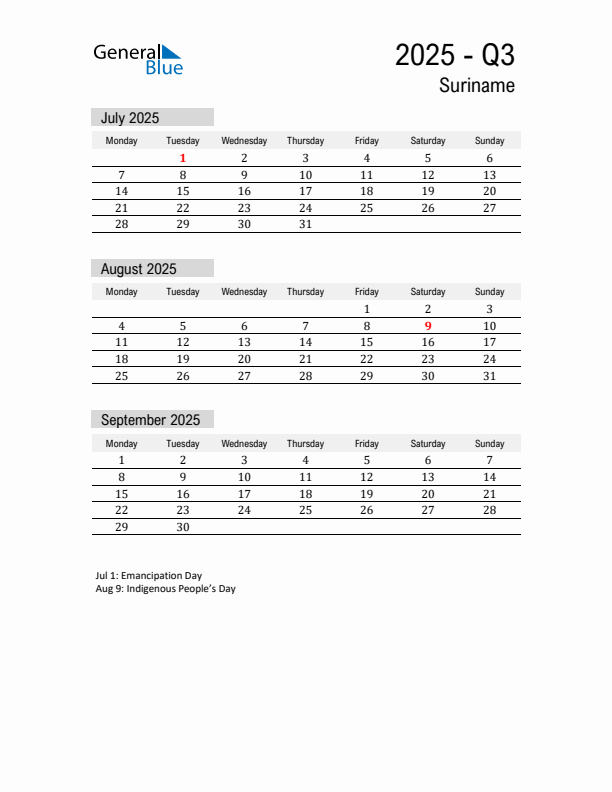 Suriname Quarter 3 2025 Calendar with Holidays