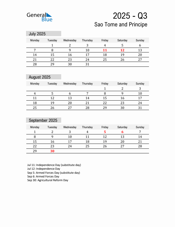 Sao Tome and Principe Quarter 3 2025 Calendar with Holidays