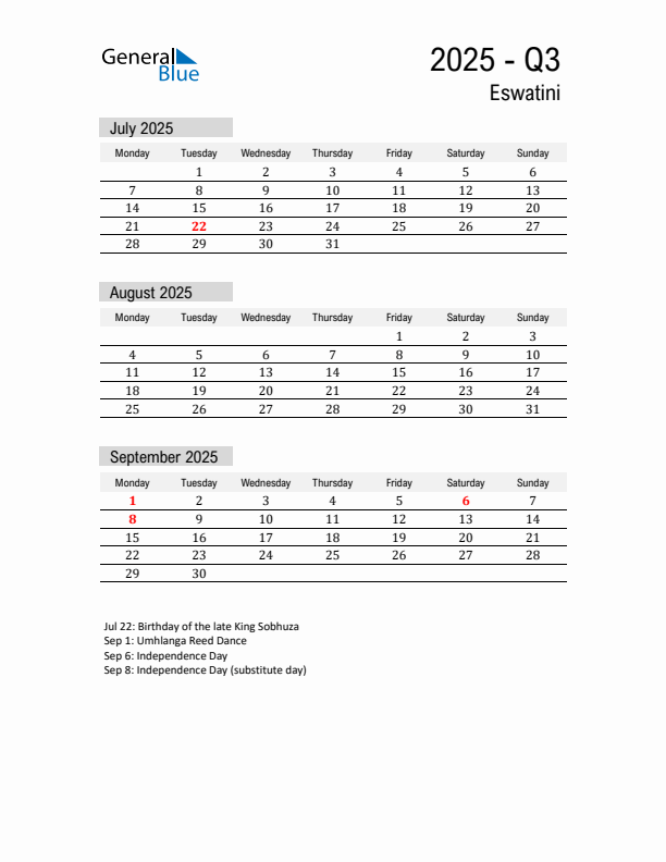 Eswatini Quarter 3 2025 Calendar with Holidays