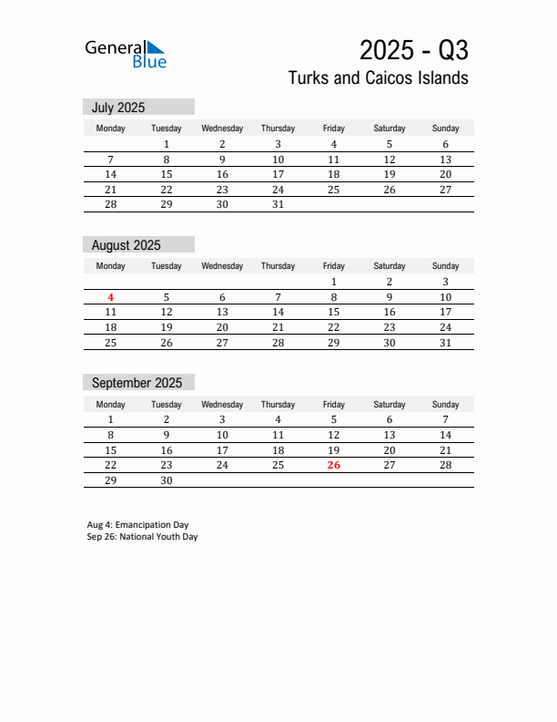 Turks and Caicos Islands Quarter 3 2025 Calendar with Holidays