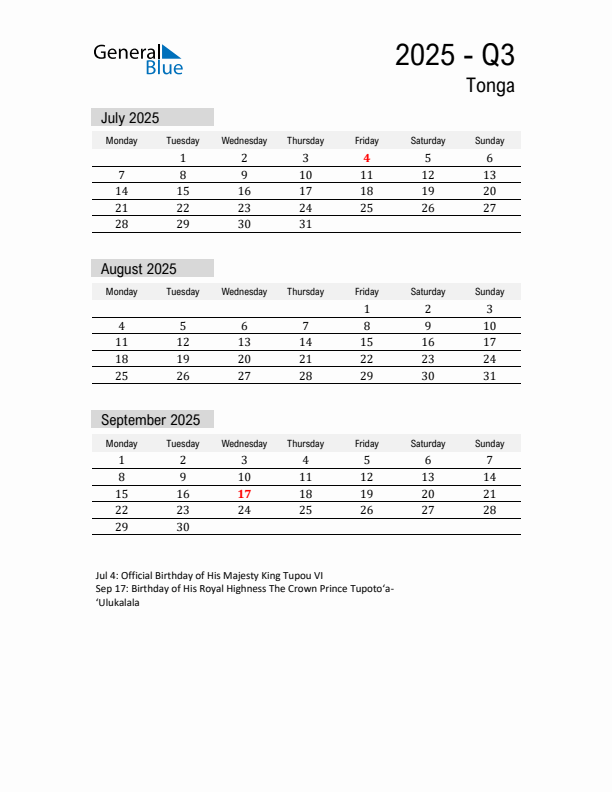 Tonga Quarter 3 2025 Calendar with Holidays