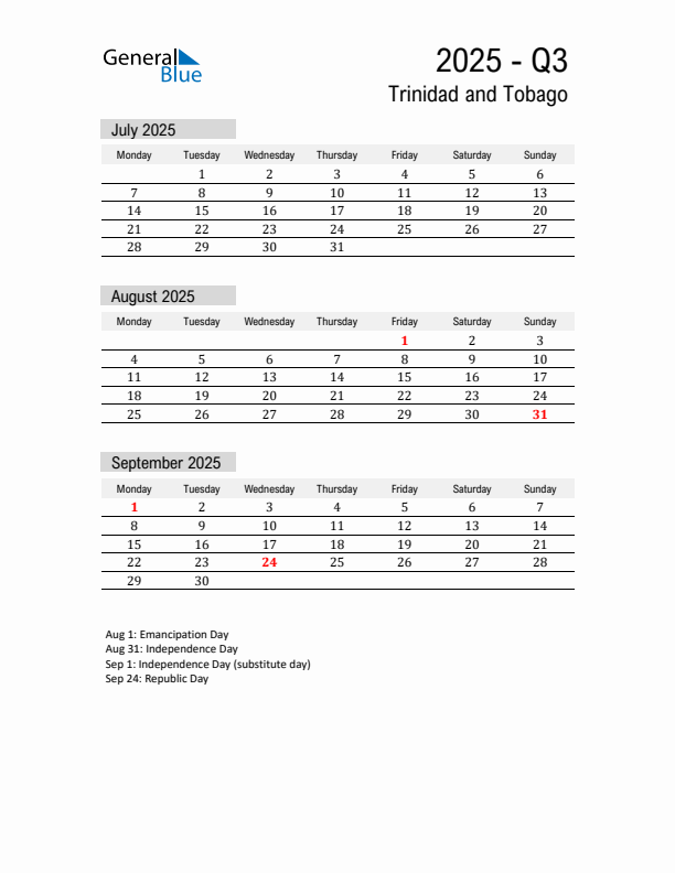 Trinidad and Tobago Quarter 3 2025 Calendar with Holidays