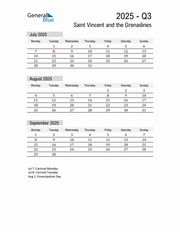 Saint Vincent and the Grenadines Quarter 3 2025 Calendar with Holidays