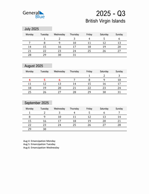 British Virgin Islands Quarter 3 2025 Calendar with Holidays