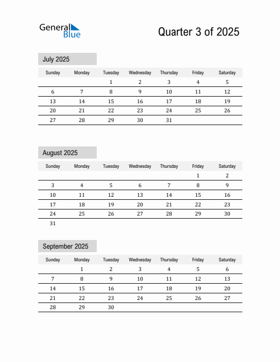 Quarter 3 2025 calendar template