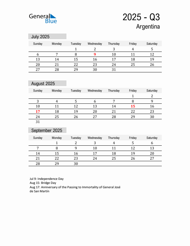 Argentina Quarter 3 2025 Calendar with Holidays