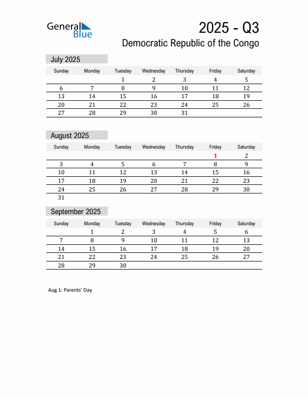 Democratic Republic of the Congo Quarter 3 2025 Calendar with Holidays