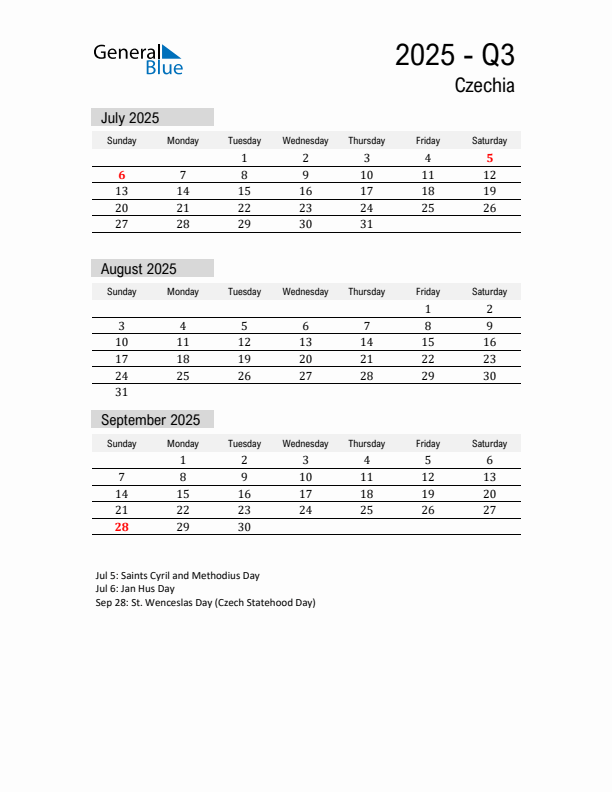 Czechia Quarter 3 2025 Calendar with Holidays