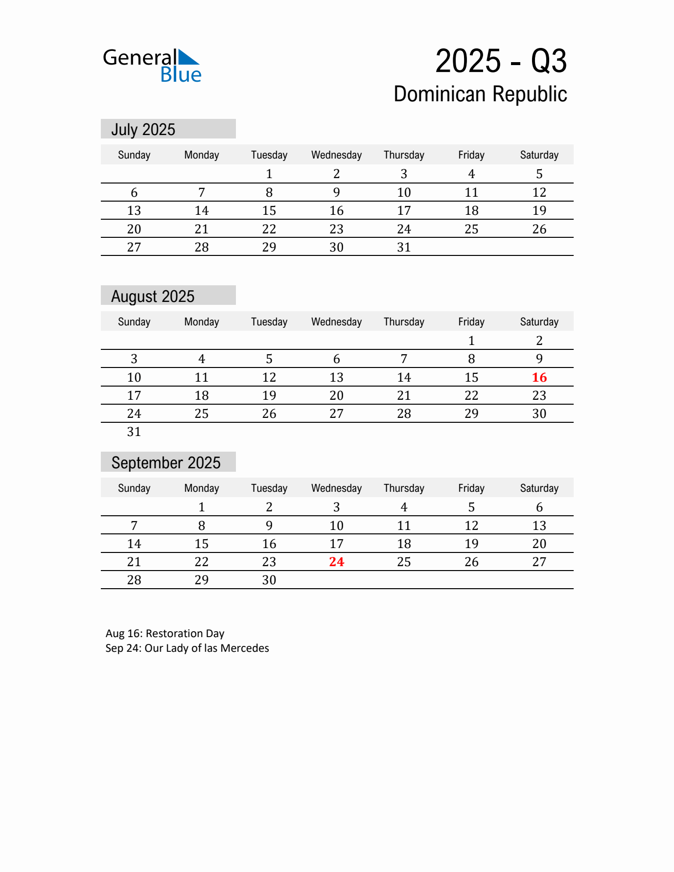 Dominican Republic Quarter 3 2025 Calendar with Holidays