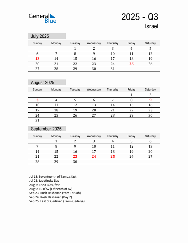 Israel Quarter 3 2025 Calendar with Holidays
