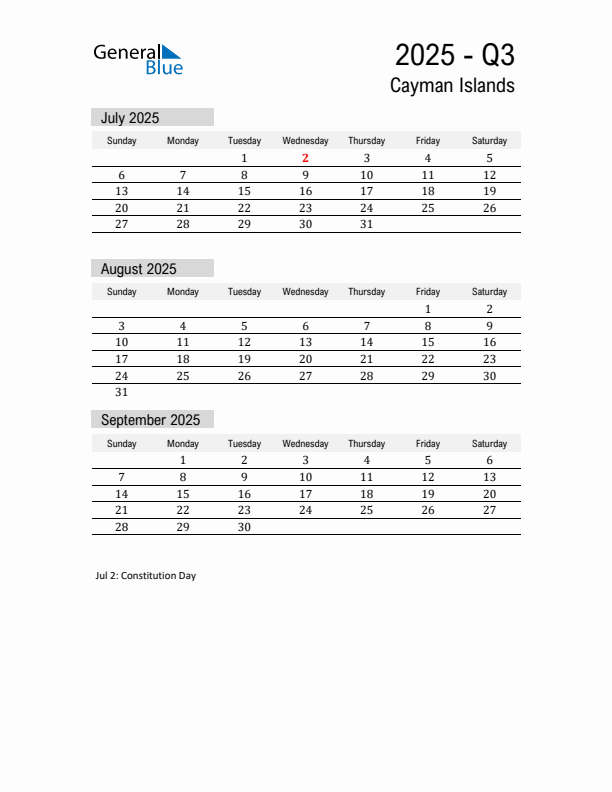 Cayman Islands Quarter 3 2025 Calendar with Holidays