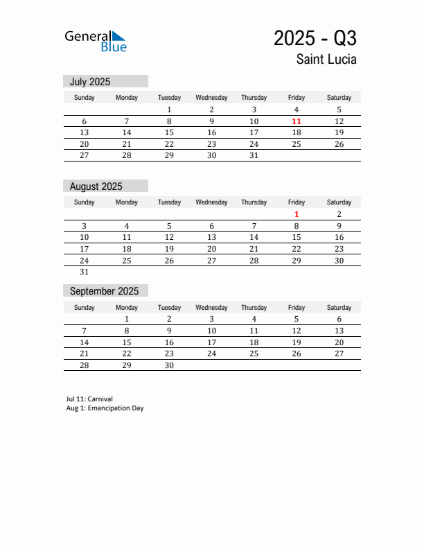 Saint Lucia Quarter 3 2025 Calendar with Holidays