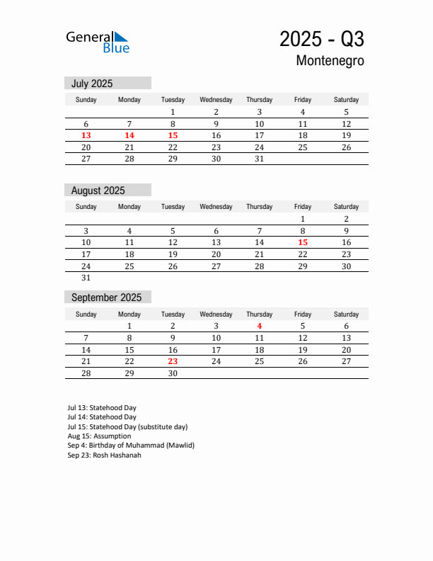 Montenegro Quarter 3 2025 Calendar with Holidays