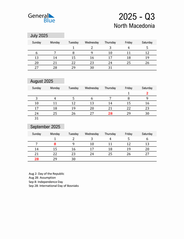 North Macedonia Quarter 3 2025 Calendar with Holidays
