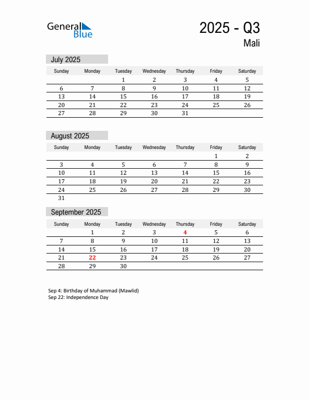 Mali Quarter 3 2025 Calendar with Holidays