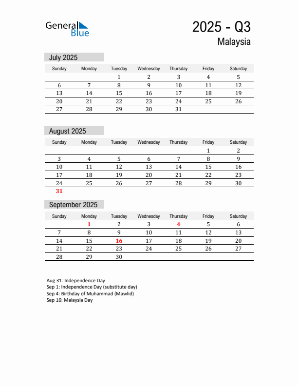 Malaysia Quarter 3 2025 Calendar with Holidays