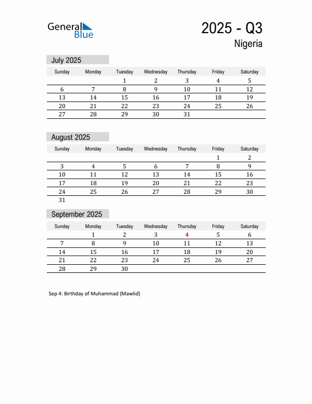 Nigeria Quarter 3 2025 Calendar with Holidays