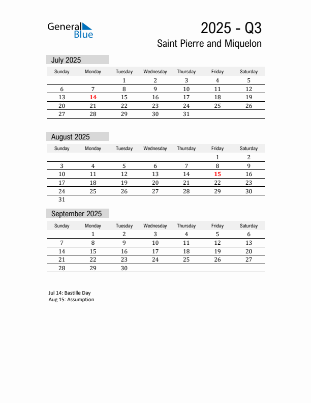 Saint Pierre and Miquelon Quarter 3 2025 Calendar with Holidays