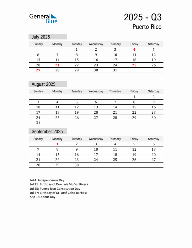 Puerto Rico Quarter 3 2025 Calendar with Holidays